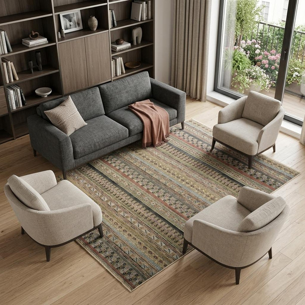 8' X 12' Tan Blue and Orange Striped Hand Knotted Area Rug