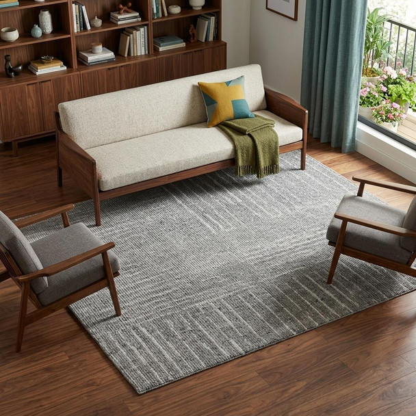 12' X 15' Gray and Ivory Wool Checkered Hand Knotted Worn Faded Area Rug