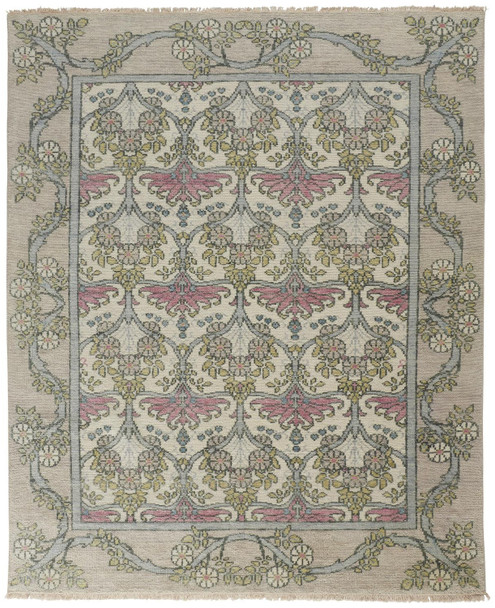12' X 15' Ivory Gray and Pink Wool Floral Hand Knotted Area Rug