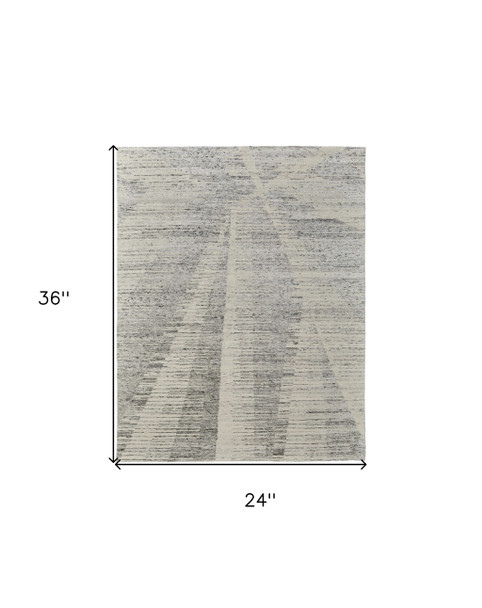 2' X 3' Ivory and Gray Abstract Hand Knotted Worn Faded Area Rug