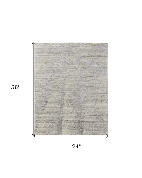 2' X 3' Ivory and Gray Abstract Hand Knotted Worn Faded Area Rug