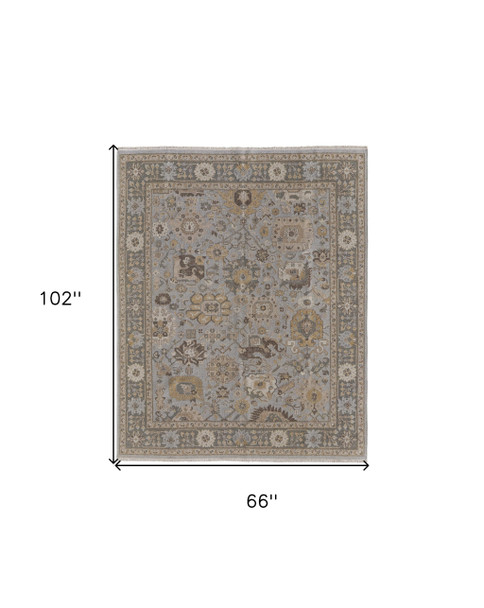 6' X 9' Gray and Brown Wool Oriental Hand Knotted Area Rug With Fringe