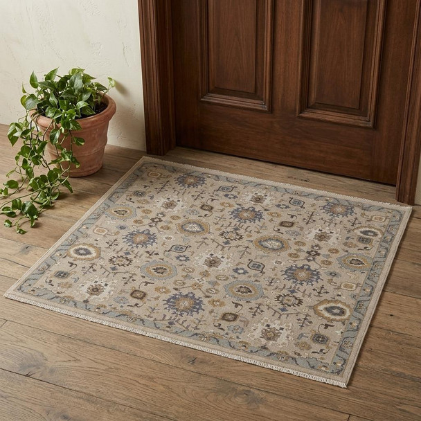 2' X 3' Tan Brown and Gray Wool Oriental Hand Knotted Area Rug With Fringe