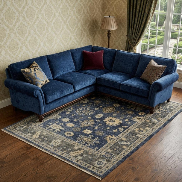 8' X 10' Blue and Gray Wool Floral Hand Knotted Area Rug With Fringe