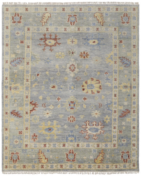 8' X 10' Blue Taupe And Gray Wool Floral Hand Knotted Area Rug With Fringe