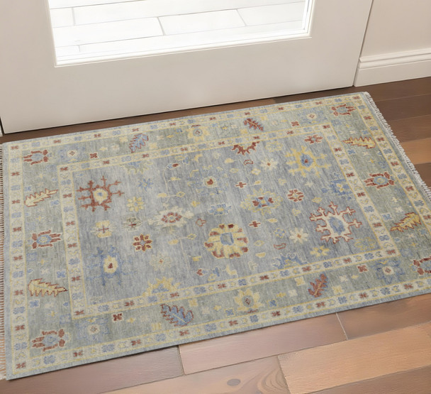 2' X 3' Blue Taupe And Gray Wool Floral Hand Knotted Area Rug With Fringe