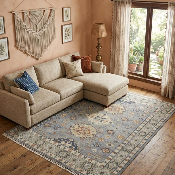 9' X 12' Gray Blue and Taupe Wool Geometric Hand Knotted Area Rug With Fringe