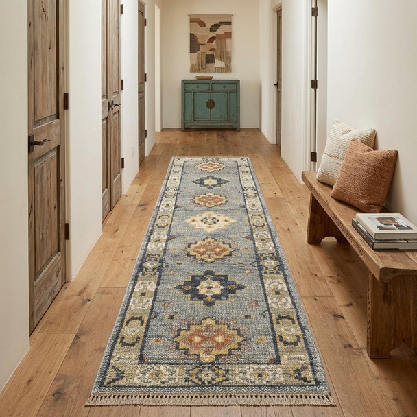 14' Gray Blue and Taupe Wool Geometric Hand Knotted Runner Rug With Fringe