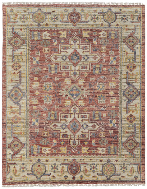 5' X 8' Ivory Red and Gold Wool Oriental Hand Knotted Area Rug With Fringe