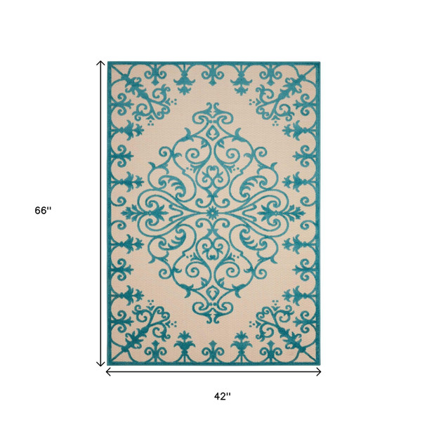 4' X 6' Aqua Damask Indoor Outdoor Area Rug