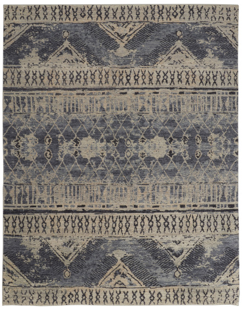 9' X 13' Gray Blue and Ivory Wool Floral Hand Knotted Area Rug