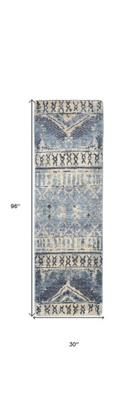 8' Gray Blue and Ivory Wool Floral Hand Knotted Runner Rug