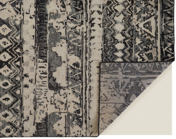 8' X 10' Ivory Gray and Black Wool Geometric Hand Knotted Area Rug