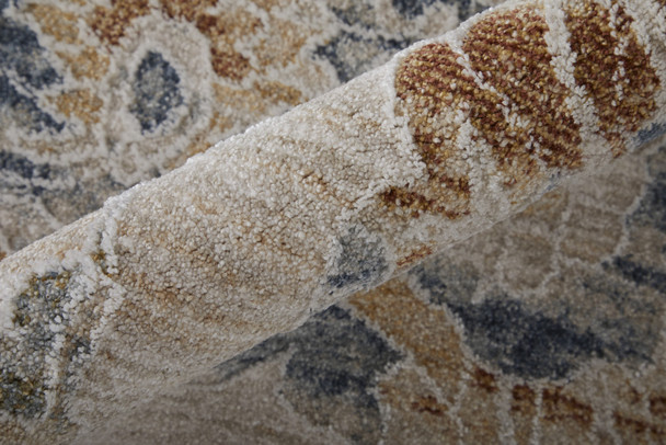 8' X 10' Ivory Taupe and Blue Floral Power Loom Worn Faded Area Rug With Fringe