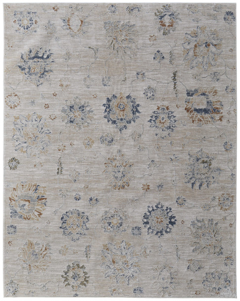 9' X 13' Ivory Taupe and Blue Floral Power Loom Worn Faded Area Rug With Fringe