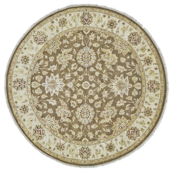 8' Brown Gold and Tan Wool Oriental Hand Knotted Round Rug