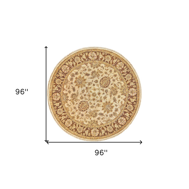 8' Ivory Gold and Brown Wool Oriental Hand Knotted Round Rug