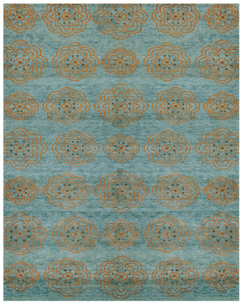 2' X 3' Green Blue And Taupe Floral Hand Knotted Distressed Area Rug