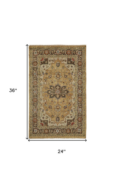 2' X 3' Tan Brown and Gold Wool Oriental Hand Knotted Area Rug