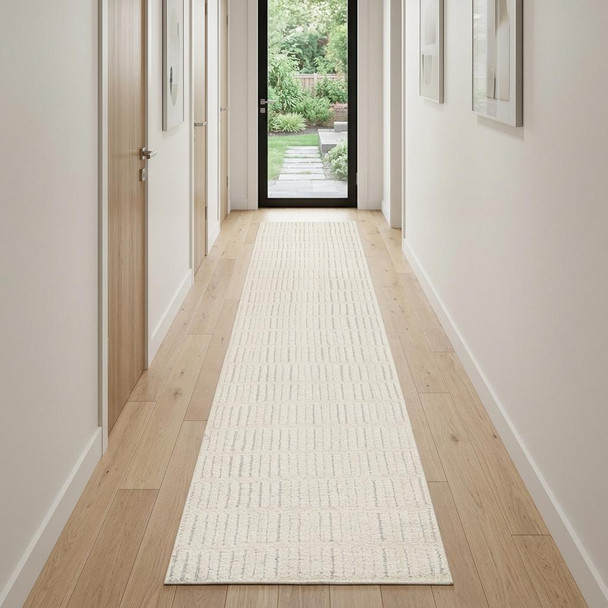 10' Ivory and Gray Geometric Runner Rug