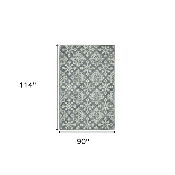 8' X 10' Dark Gray And Ivory Wool Oriental Hand Hooked Area Rug