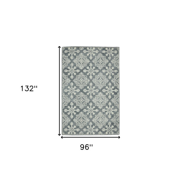 8' X 11' Dark Gray And Ivory Wool Geometric Hand Hooked Area Rug