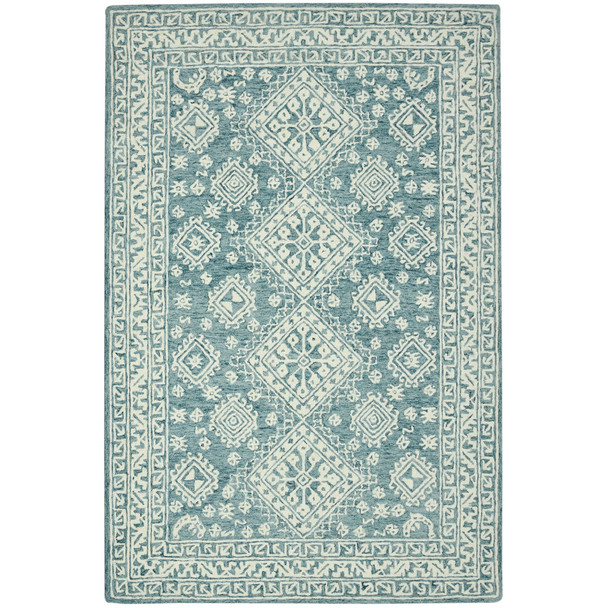 8' X 10' Aqua And Ivory Wool Oriental Hand Hooked Area Rug