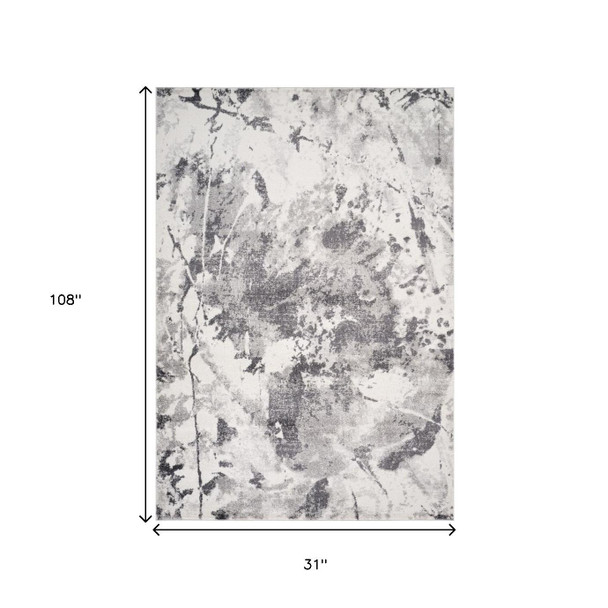 3' X 9' Ivory And Gray Abstract Runner Rug