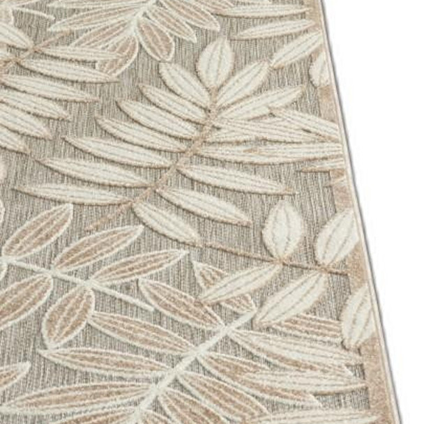 8' Beige Gray And Ivory Botanical Leaves Indoor Outdoor Runner Rug