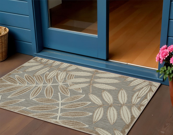 3' X 4' Beige Gray And Ivory Botanical Leaves Indoor Outdoor Area Rug