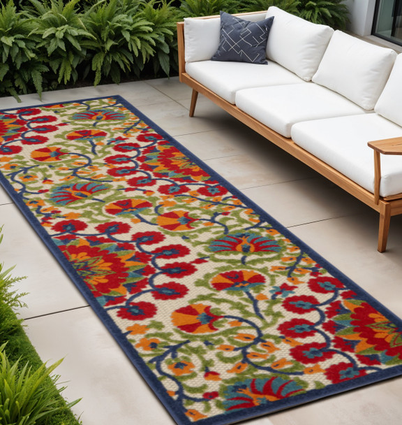12' Red And Ivory Floral Indoor Outdoor Runner Rug