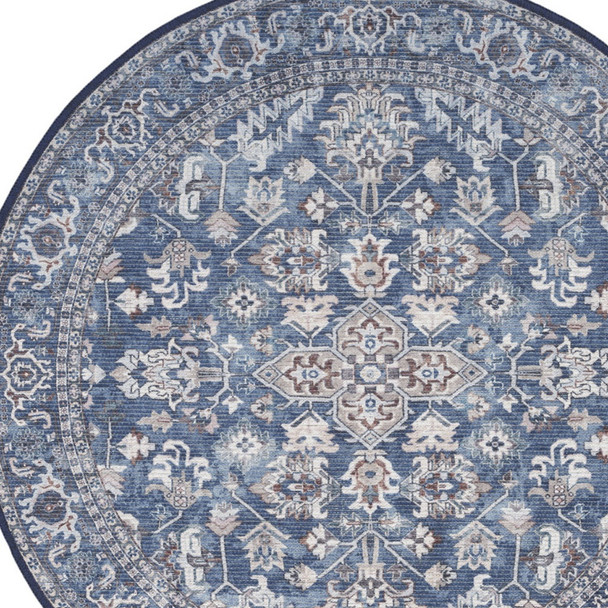 4' Blue Floral Power Loom Worn Faded Round Rug