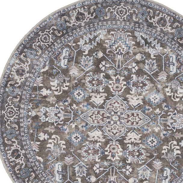4' Green Floral Power Loom Worn Faded Round Rug
