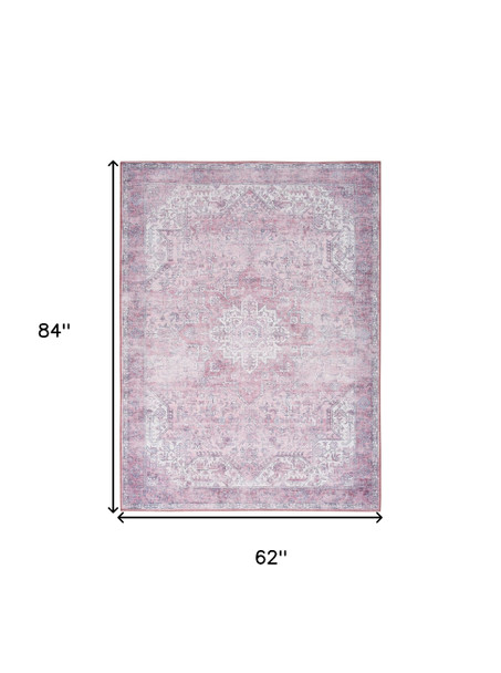 5' X 7' Pink Floral Power Loom Worn Faded Non Skid Area Rug