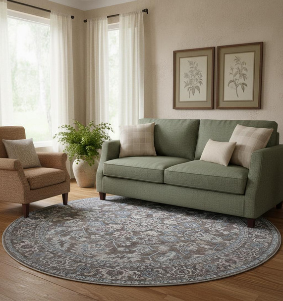 8' Green Floral Power Loom Worn Faded Round Rug