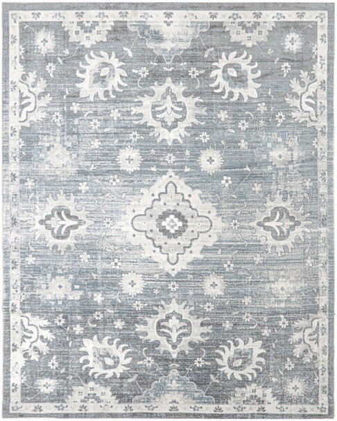 9' X 12' Blue Floral Distressed Area Rug