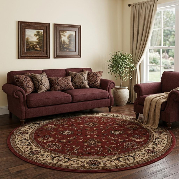 8' Red And Ivory Oriental Round Rug