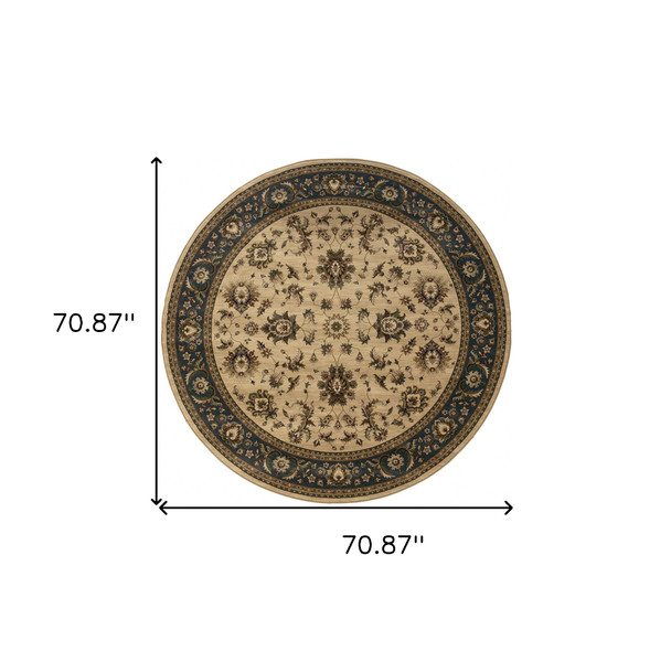 6' Ivory and Blue Oriental Round Rug