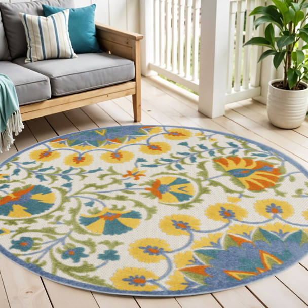 5' X 5' Ivory And Blue Round Floral Indoor Outdoor Area Rug