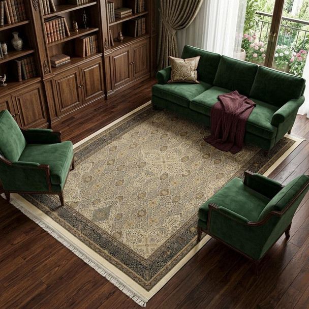 10' X 13' Ivory And Dark Blue Medallion Area Rug With Fringe