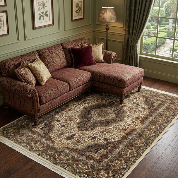 10' X 13' Ivory Black And Brown Medallion Area Rug With Fringe