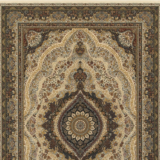 7' X 10' Ivory Black And Tan Medallion Area Rug With Fringe