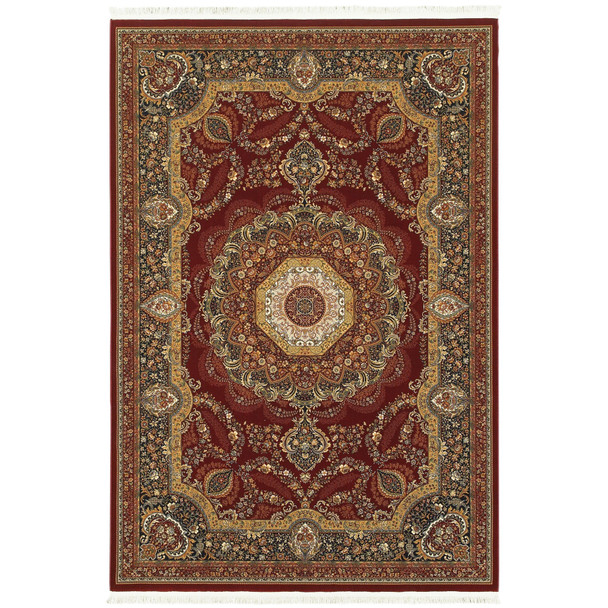 5' X 8' Black Red And Tan Medallion Area Rug With Fringe