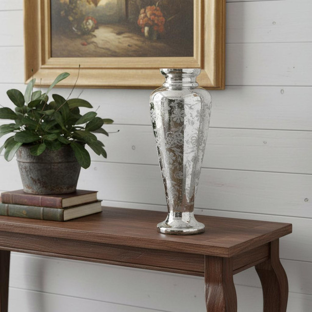 20" Antiqued Silver Etched Floral Glass Round Table Vase