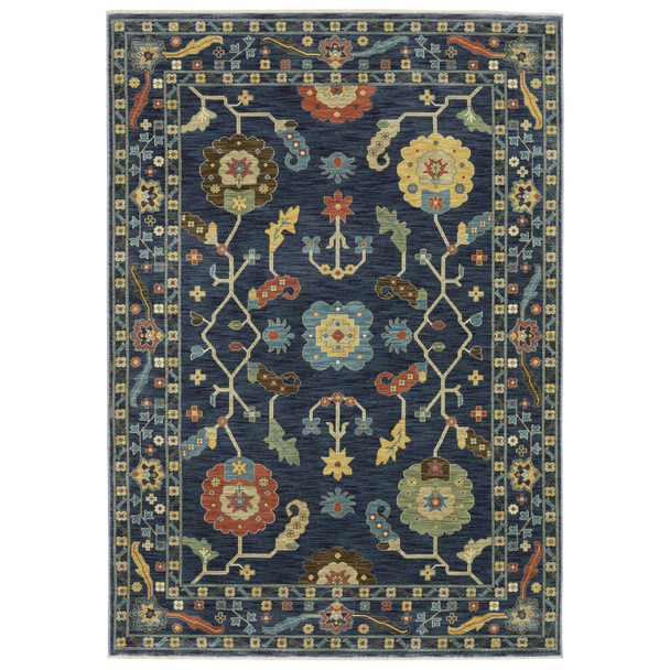 8' X 11' Blue And Gold Oriental Area Rug With Fringe