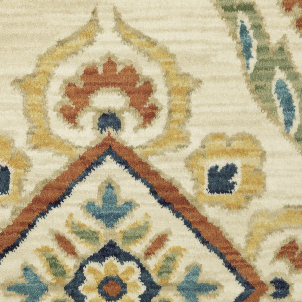 8' X 11' Ivory Blue And Orange Oriental Area Rug With Fringe