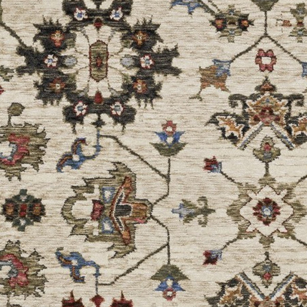 7' X 10' Ivory And Green Oriental Area Rug With Fringe