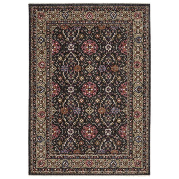 5' X 8' Charcoal And Pink Oriental Area Rug With Fringe