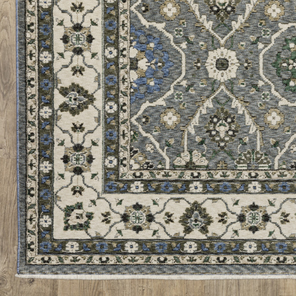 10' X 13' Blue And Gray Oriental Area Rug With Fringe