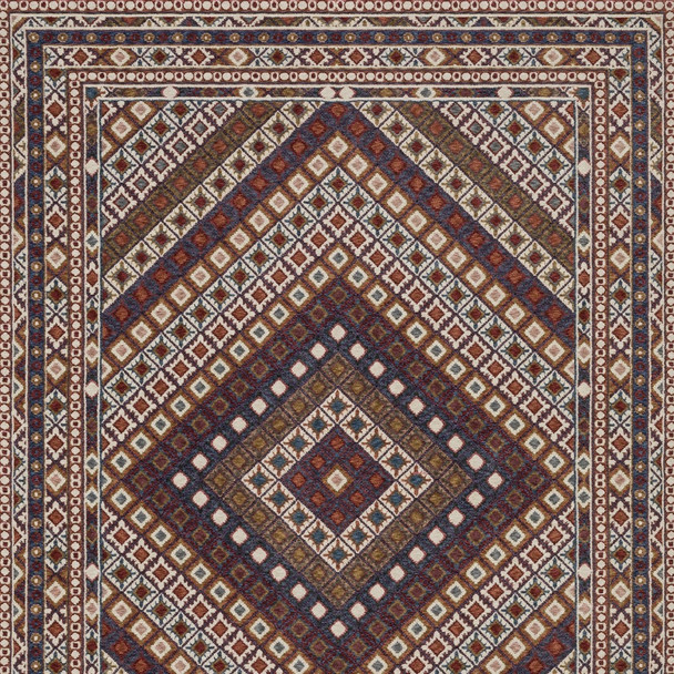 7' X 10' Ivory Red And Tan Diamond Area Rug With Fringe